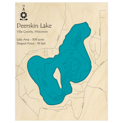 Bathymetric topo map of Deerskin Lake with roads, towns and depths noted in blue water