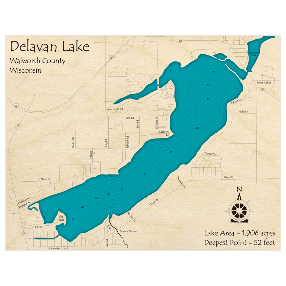 Bathymetric topo map of Lake Delavan with roads, towns and depths noted in blue water
