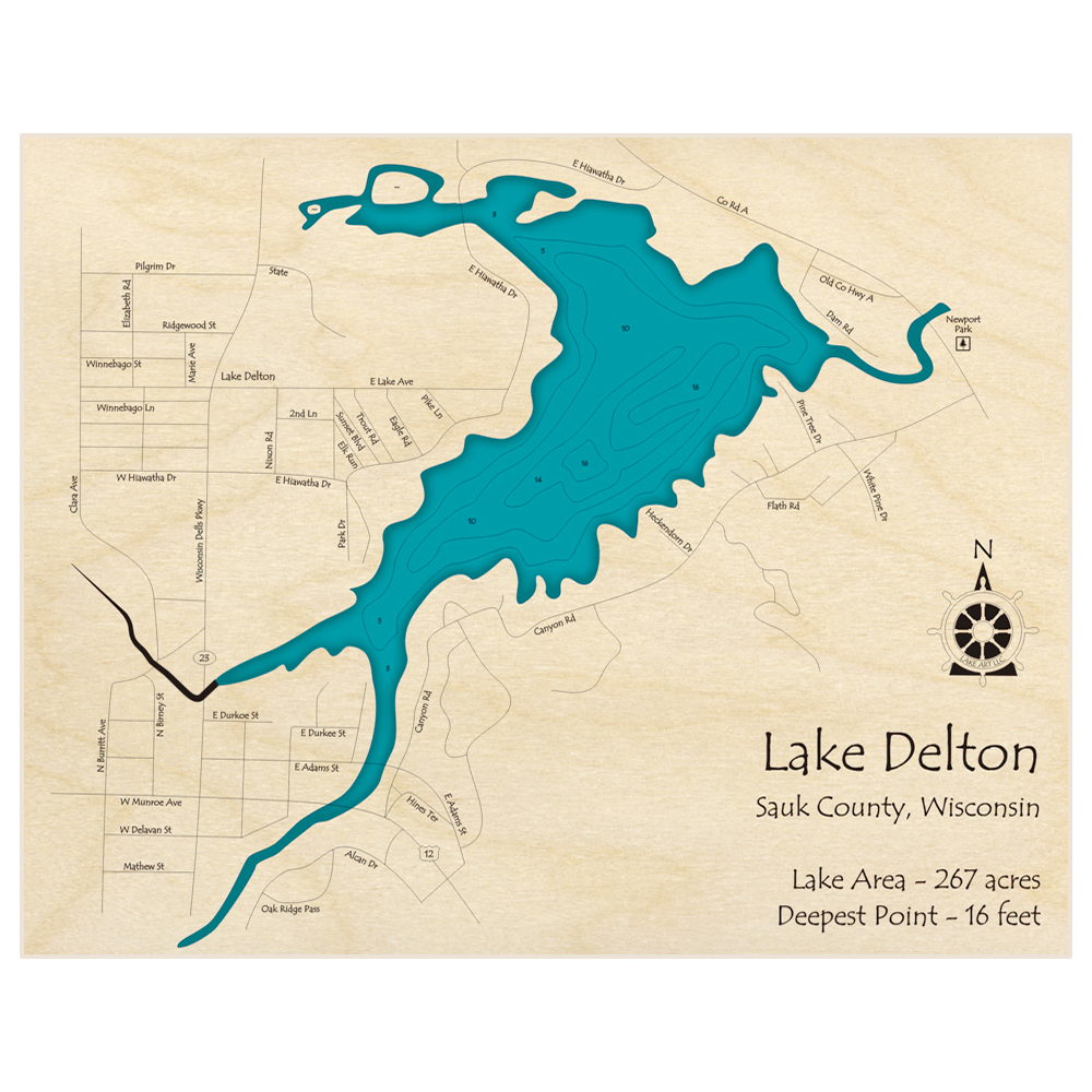 Bathymetric topo map of Lake Delton with roads, towns and depths noted in blue water