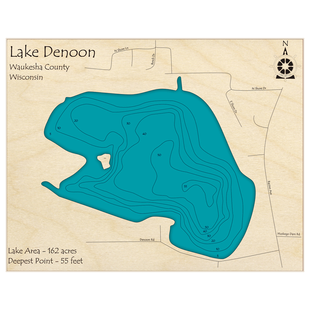 Bathymetric topo map of Lake Denoon with roads, towns and depths noted in blue water