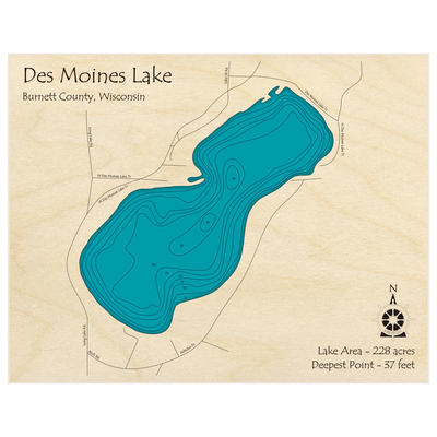 Bathymetric topo map of Des Moines Lake with roads, towns and depths noted in blue water