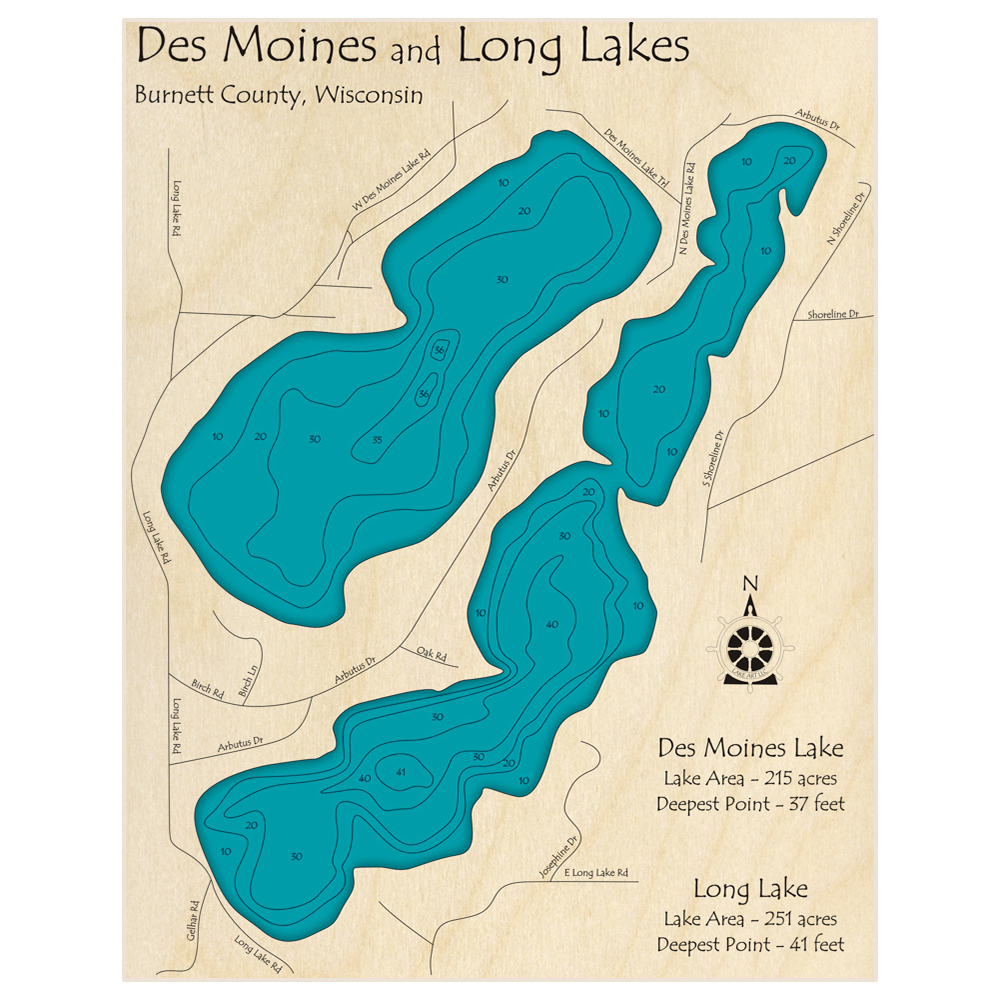 Bathymetric topo map of Des Moines Lake with Long Lake with roads, towns and depths noted in blue water