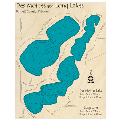 Bathymetric topo map of Des Moines Lake with Long Lake with roads, towns and depths noted in blue water