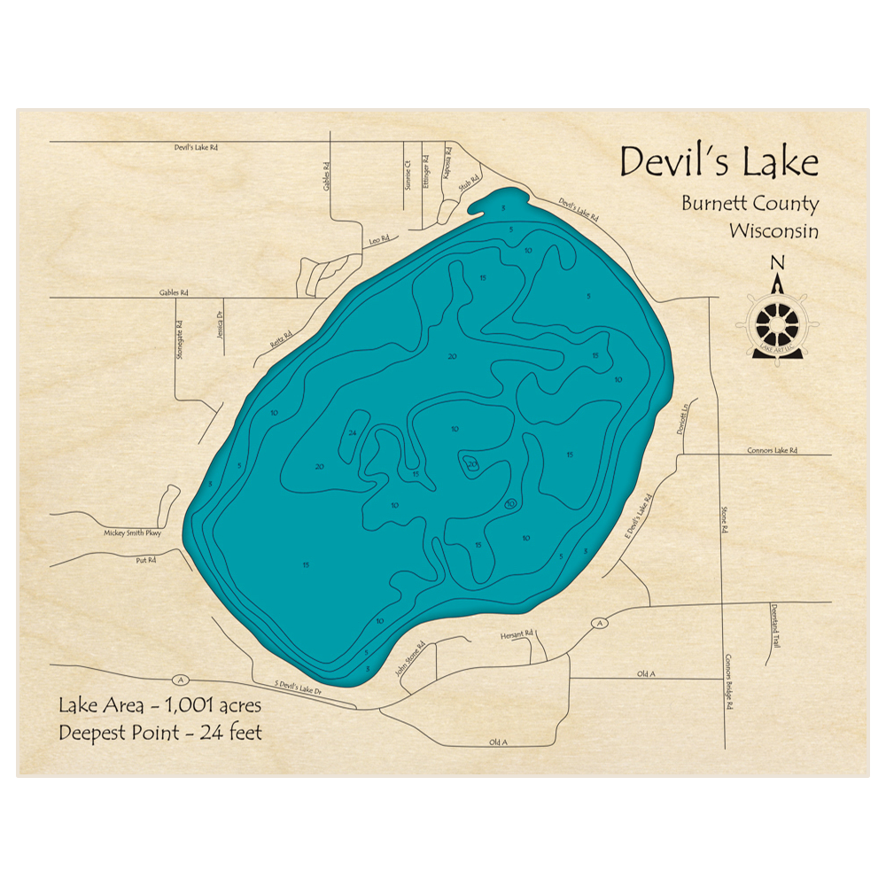 Bathymetric topo map of Devils Lake with roads, towns and depths noted in blue water