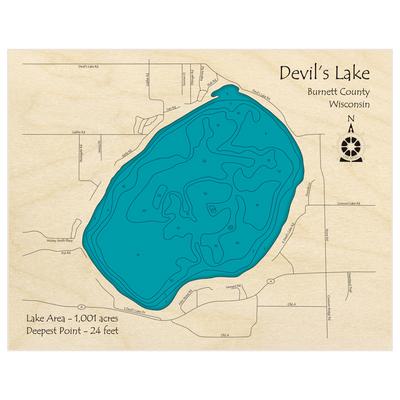Bathymetric topo map of Devils Lake with roads, towns and depths noted in blue water