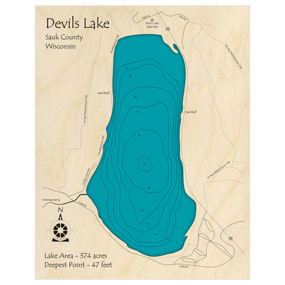 Bathymetric topo map of Devils Lake with roads, towns and depths noted in blue water