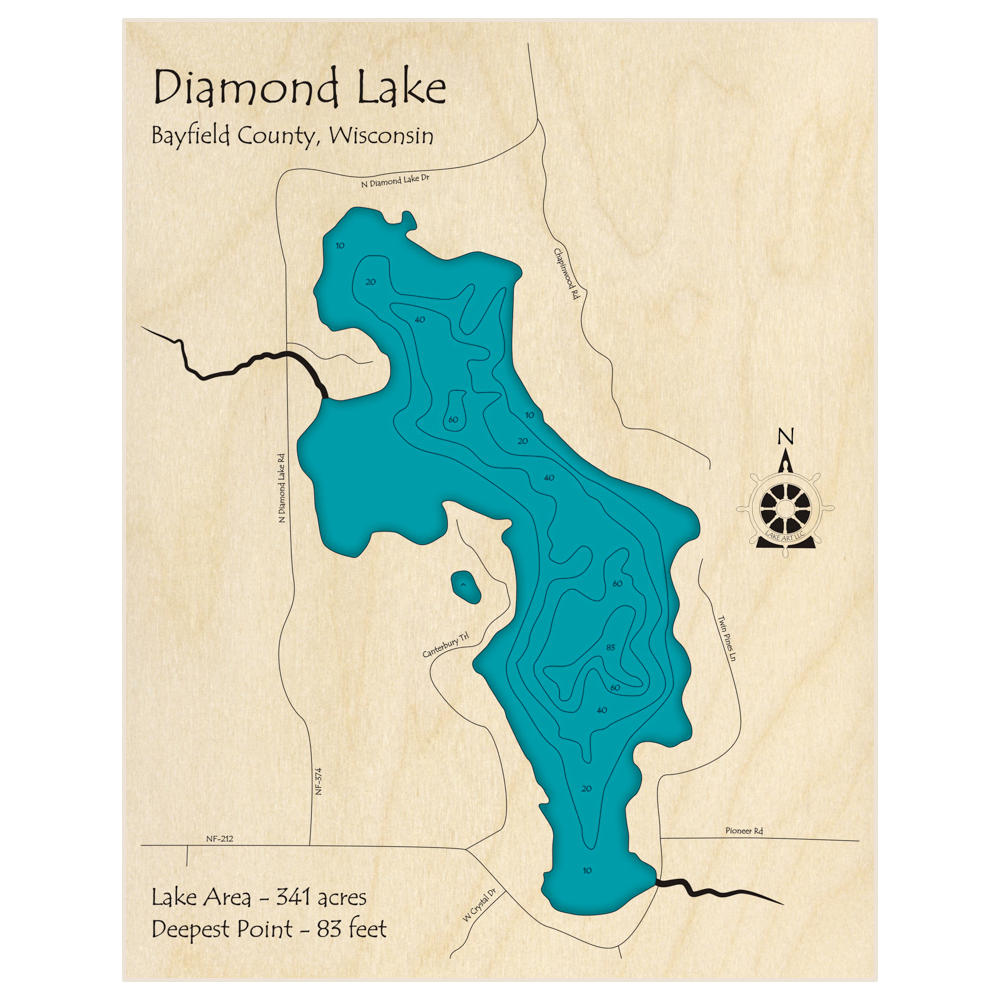 Bathymetric topo map of Diamond Lake with roads, towns and depths noted in blue water