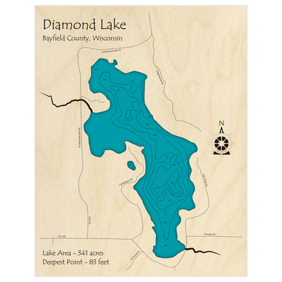Bathymetric topo map of Diamond Lake with roads, towns and depths noted in blue water