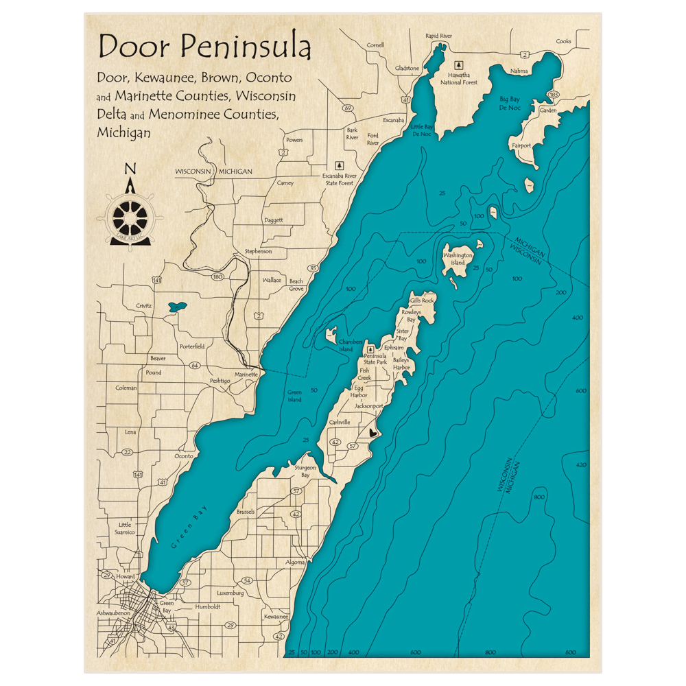 Bathymetric topo map of Door County Area (Door Peninsula and Green Bay) with roads, towns and depths noted in blue water