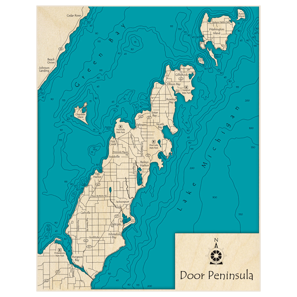 Bathymetric topo map of Door Peninsula (Zoomed In From Sturgeon Bay to Washington Island) with roads, towns and depths noted in blue water