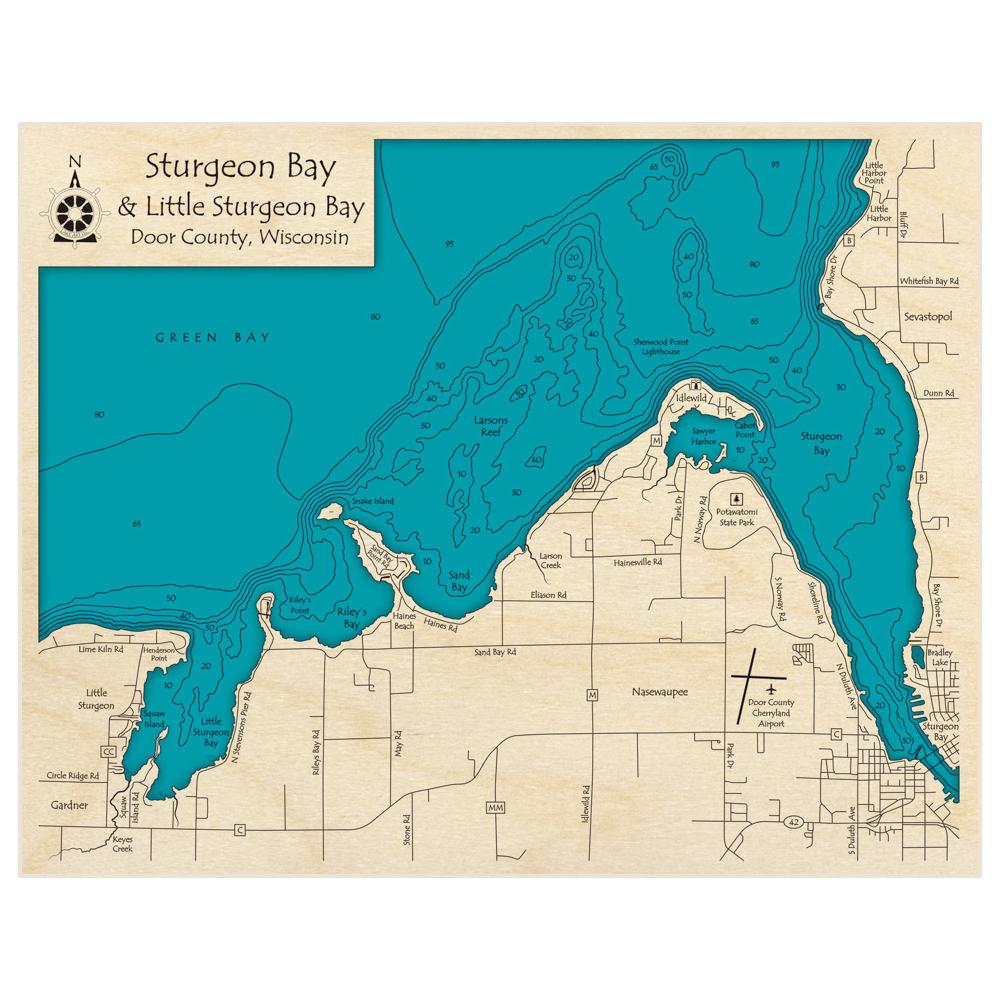 Bathymetric topo map of Little Sturgeon Bay and Sturgeon Bay with roads, towns and depths noted in blue water