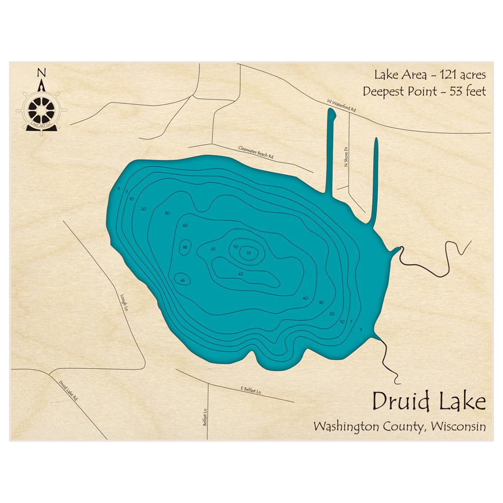 Bathymetric topo map of Druid Lake with roads, towns and depths noted in blue water