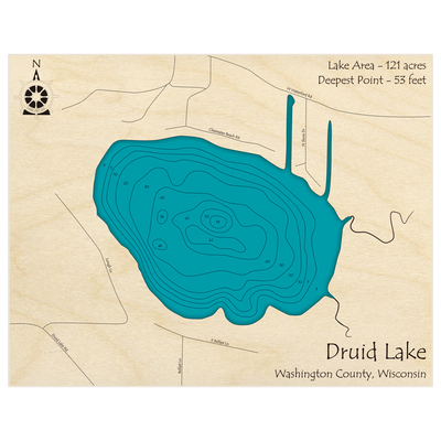 Bathymetric topo map of Druid Lake with roads, towns and depths noted in blue water