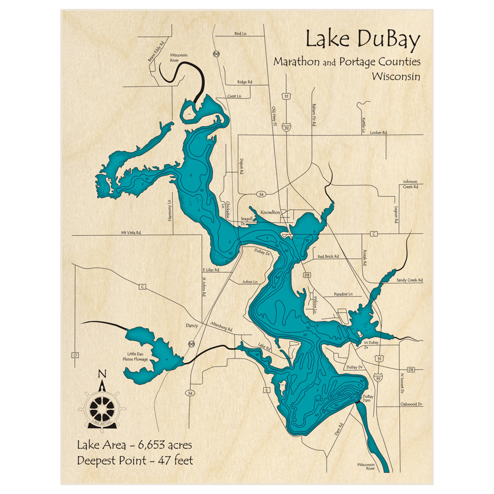 Bathymetric topo map of Lake Dubay with roads, towns and depths noted in blue water