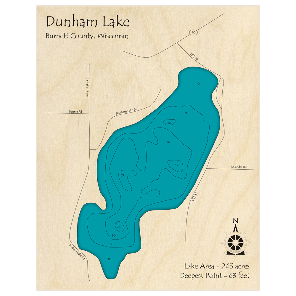Bathymetric topo map of Dunham Lake with roads, towns and depths noted in blue water