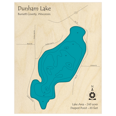 Bathymetric topo map of Dunham Lake with roads, towns and depths noted in blue water