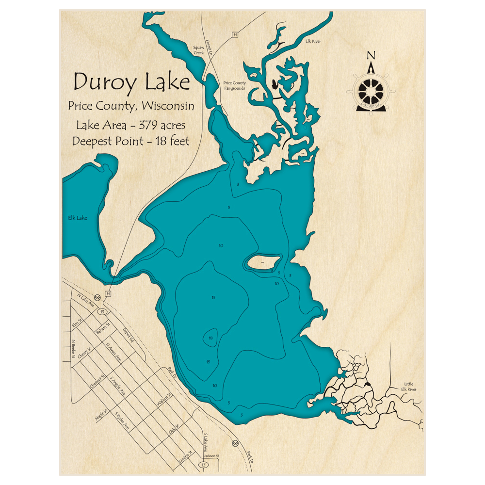 Bathymetric topo map of Duroy Lake with roads, towns and depths noted in blue water