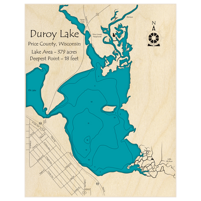 Bathymetric topo map of Duroy Lake with roads, towns and depths noted in blue water