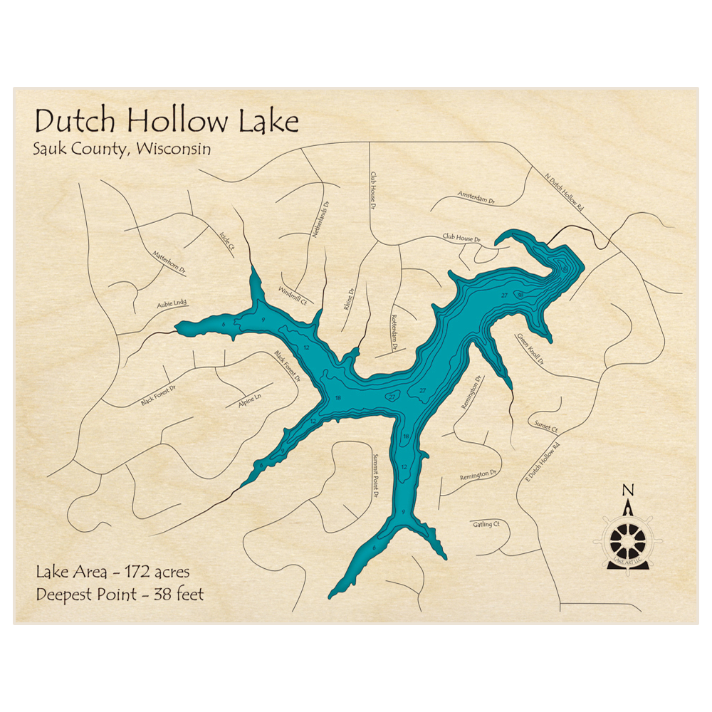 Bathymetric topo map of Dutch Hollow Lake with roads, towns and depths noted in blue water