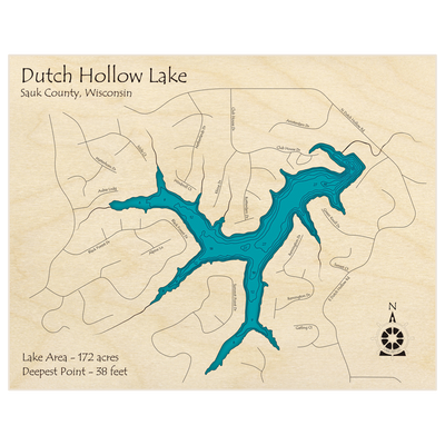 Bathymetric topo map of Dutch Hollow Lake with roads, towns and depths noted in blue water