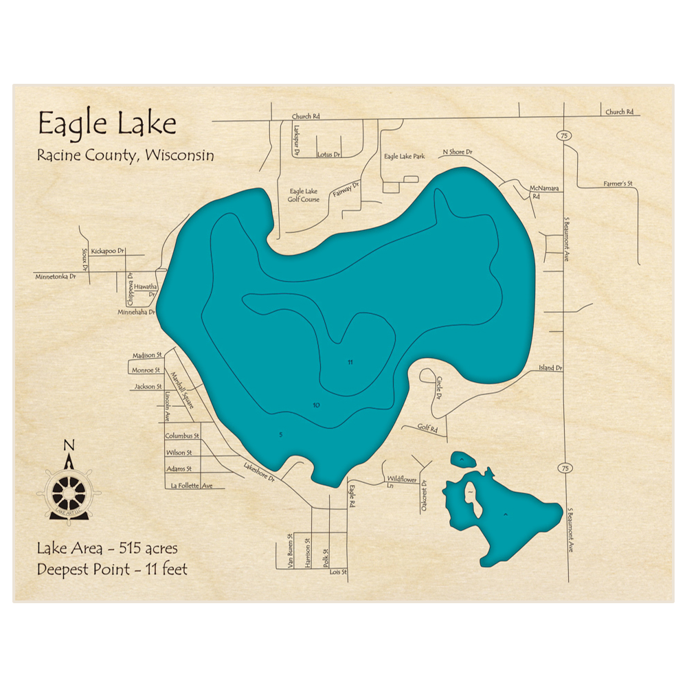 Bathymetric topo map of Eagle Lake with roads, towns and depths noted in blue water