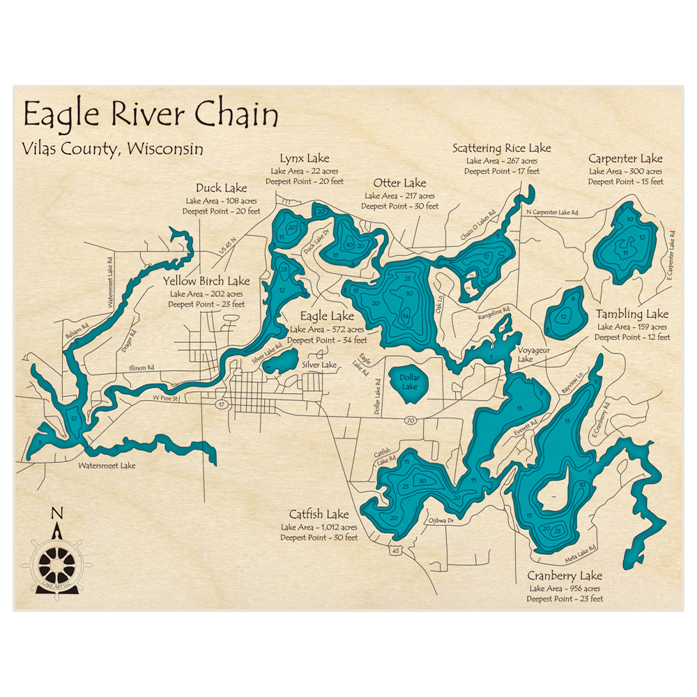 Bathymetric topo map of Eagle River Chain of Lakes with roads, towns and depths noted in blue water