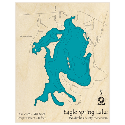 Bathymetric topo map of Eagle Spring Lake with roads, towns and depths noted in blue water