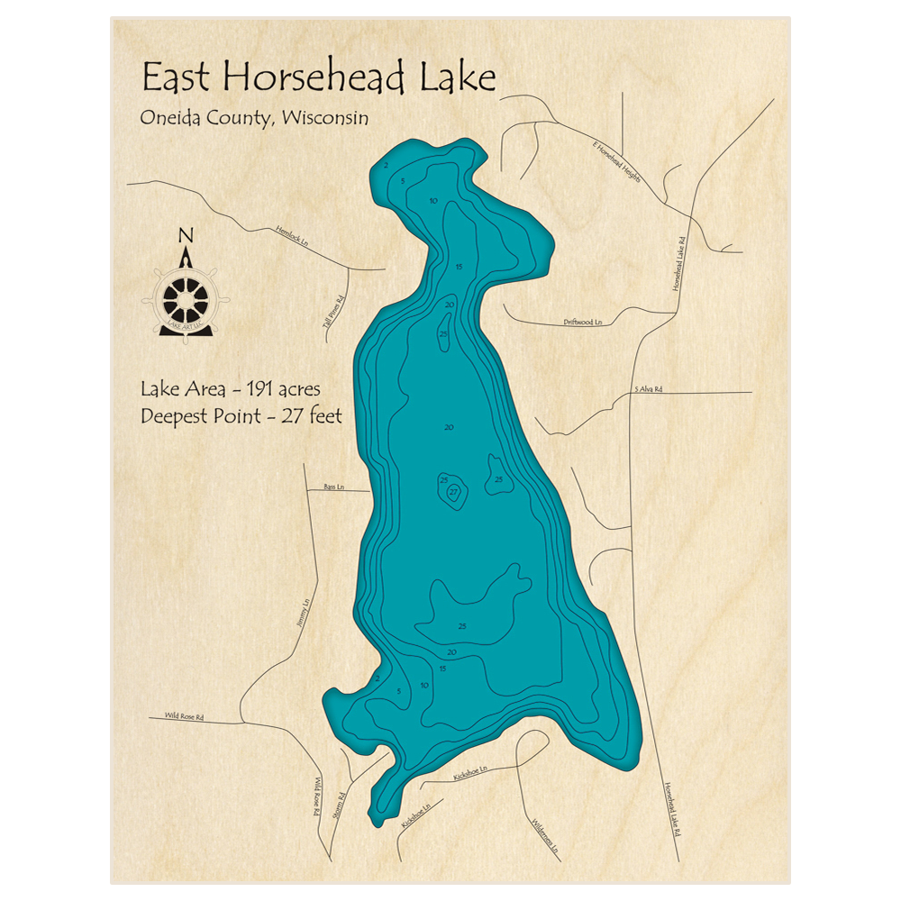 Bathymetric topo map of East Horsehead Lake with roads, towns and depths noted in blue water