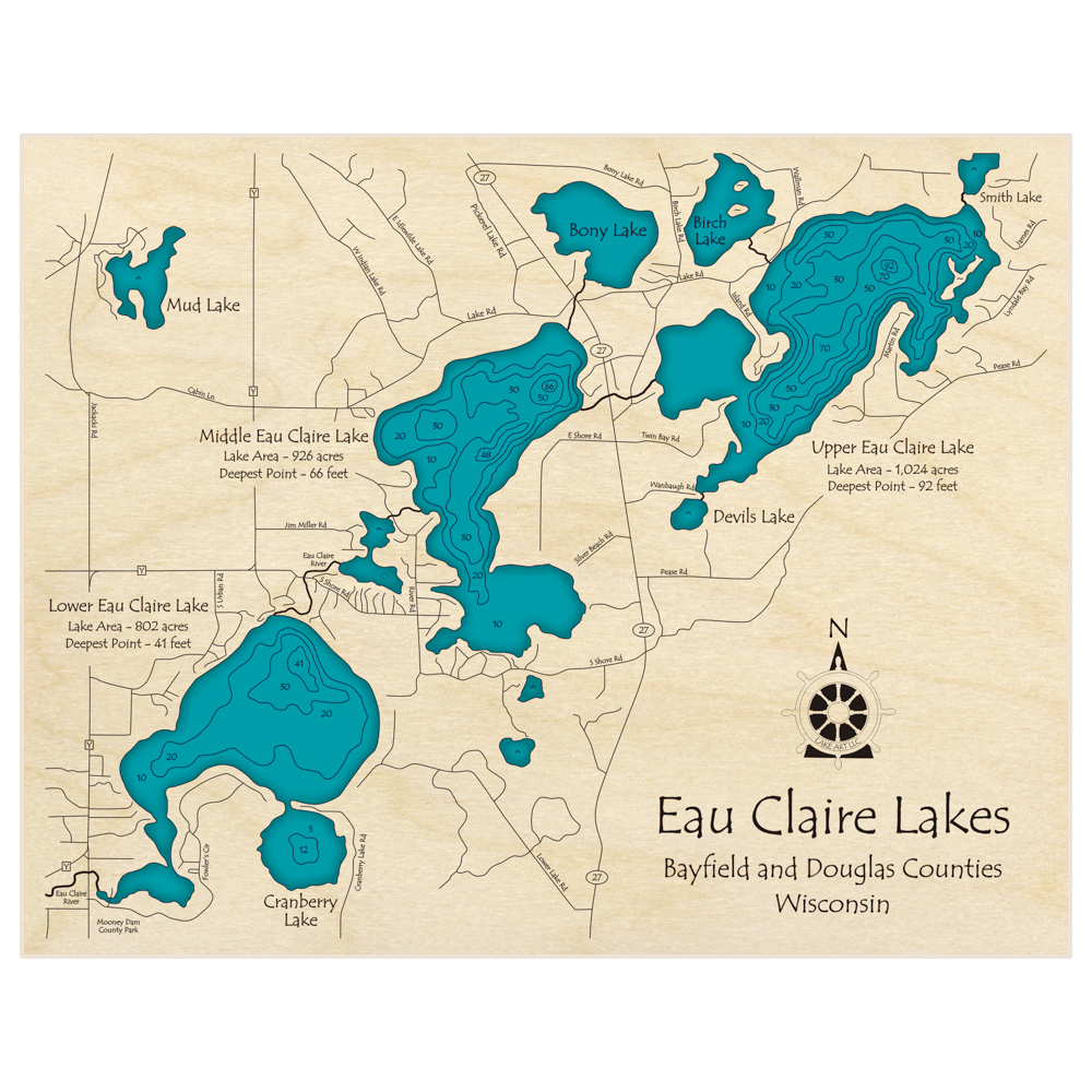 Bathymetric topo map of Eau Claire Lakes (Upper Middle Lower) with roads, towns and depths noted in blue water