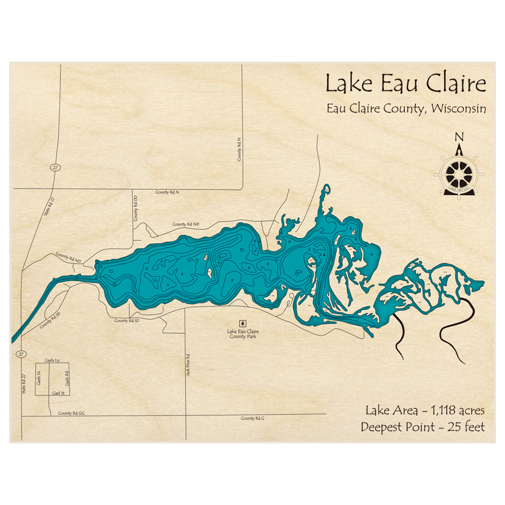 Bathymetric topo map of Lake Eau Claire with roads, towns and depths noted in blue water
