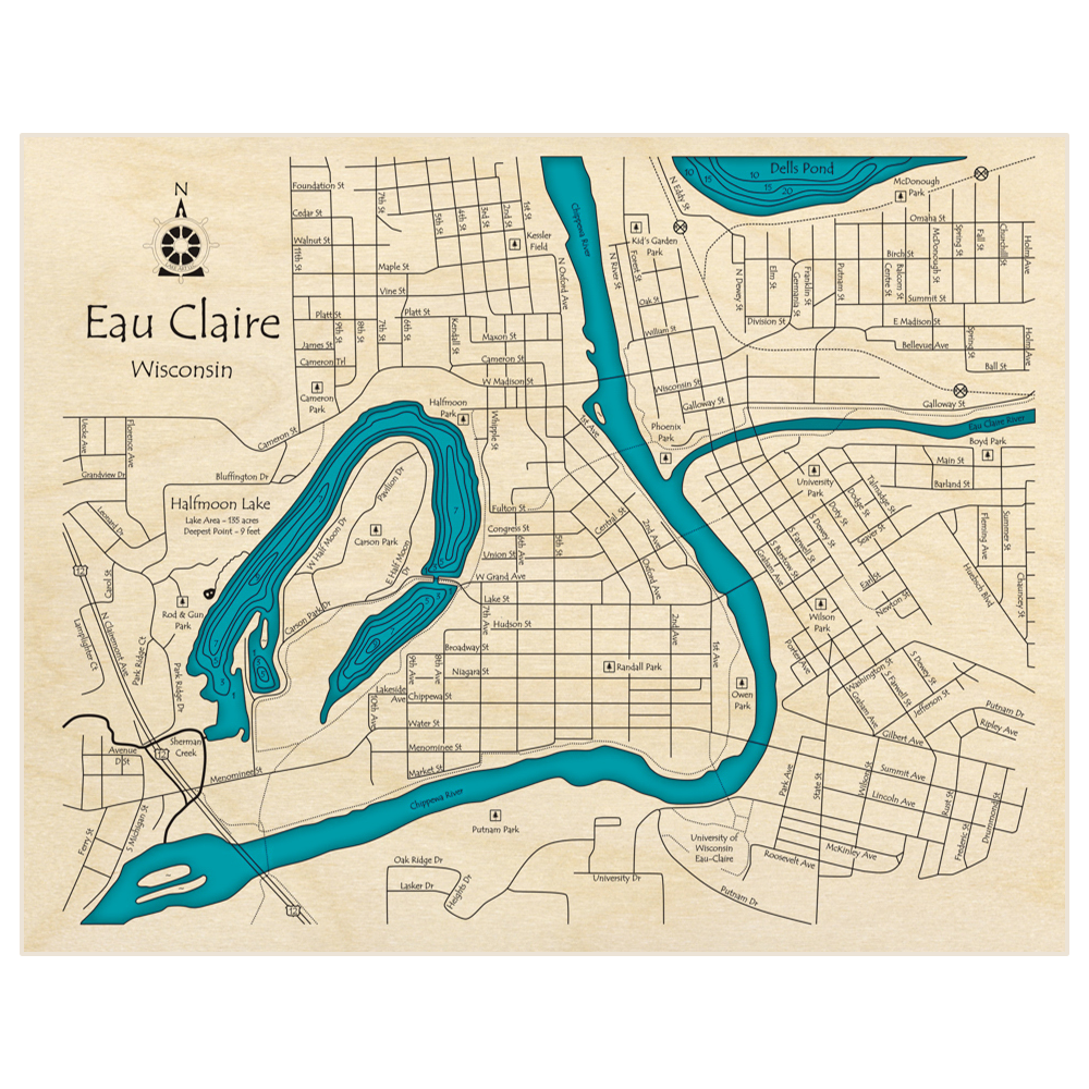 Bathymetric topo map of City of Eau Claire with roads, towns and depths noted in blue water