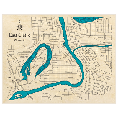 Bathymetric topo map of City of Eau Claire with roads, towns and depths noted in blue water