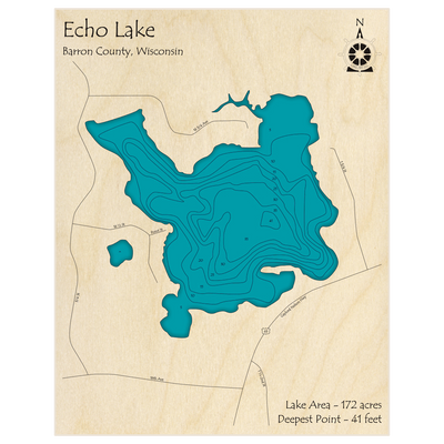 Bathymetric topo map of Echo Lake with roads, towns and depths noted in blue water