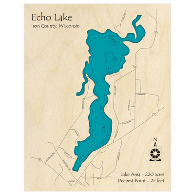 Bathymetric topo map of Echo Lake with roads, towns and depths noted in blue water