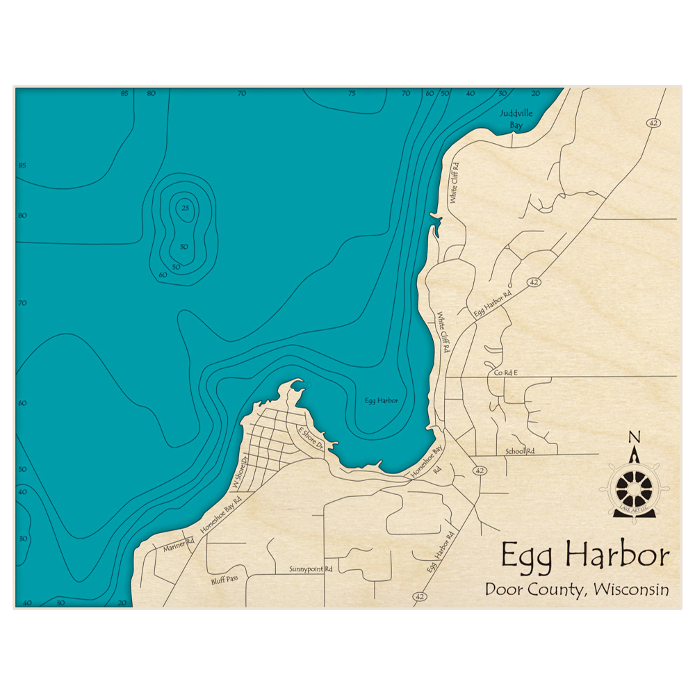 Bathymetric topo map of Egg Harbor with roads, towns and depths noted in blue water