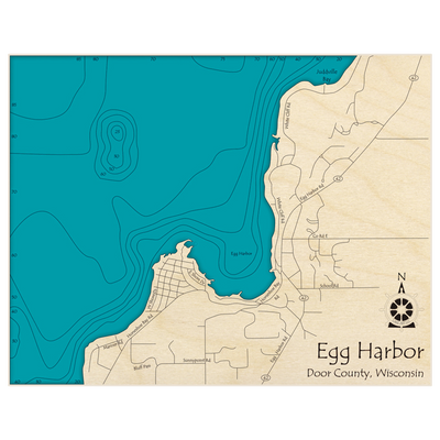 Bathymetric topo map of Egg Harbor with roads, towns and depths noted in blue water