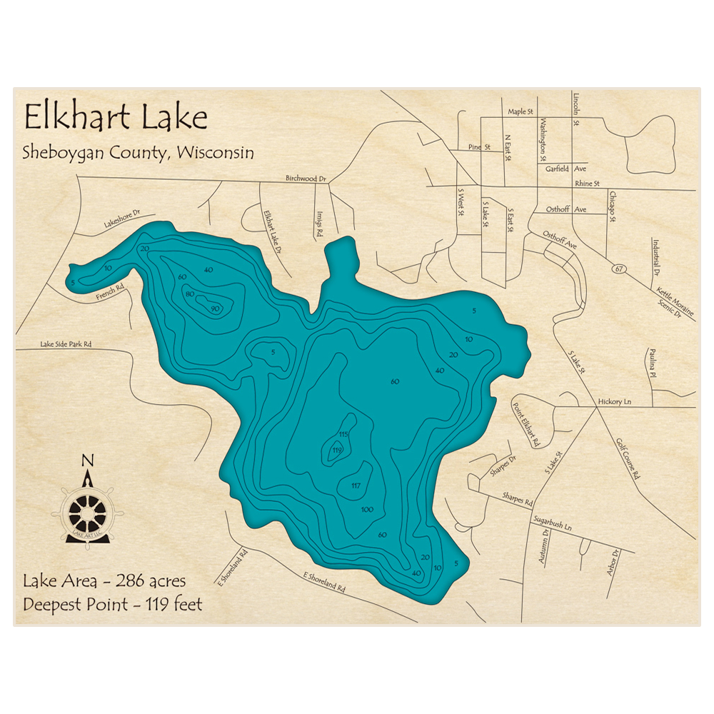 Bathymetric topo map of Elkhart Lake with roads, towns and depths noted in blue water