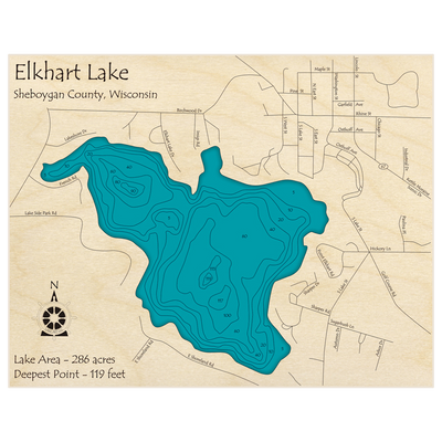 Bathymetric topo map of Elkhart Lake with roads, towns and depths noted in blue water