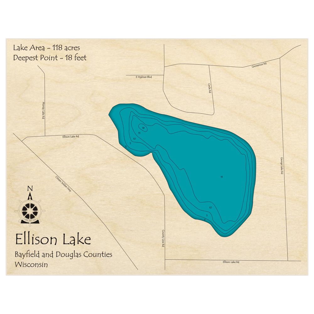 Bathymetric topo map of Ellison Lake with roads, towns and depths noted in blue water