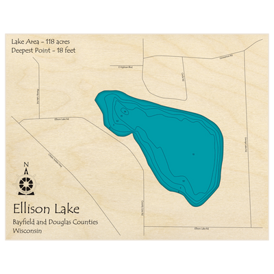 Bathymetric topo map of Ellison Lake with roads, towns and depths noted in blue water