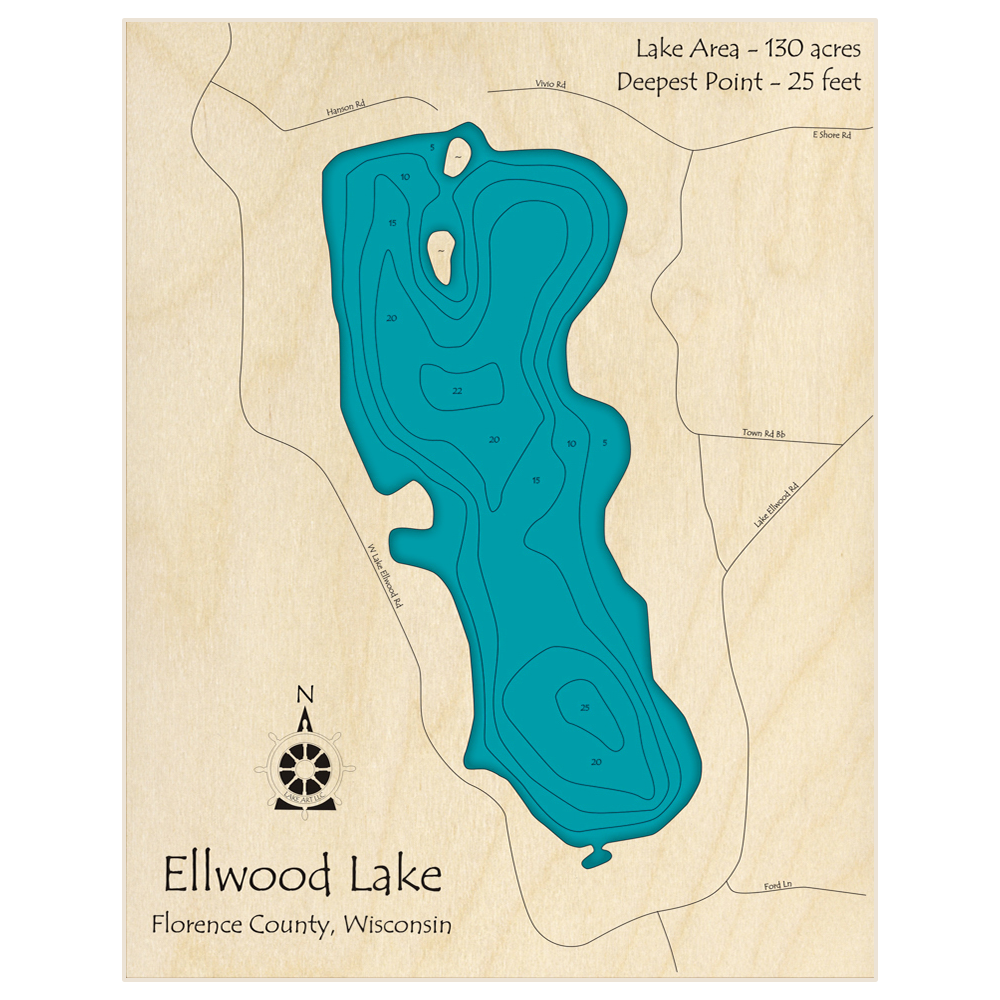 Bathymetric topo map of Ellwood Lake with roads, towns and depths noted in blue water