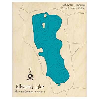 Bathymetric topo map of Ellwood Lake with roads, towns and depths noted in blue water