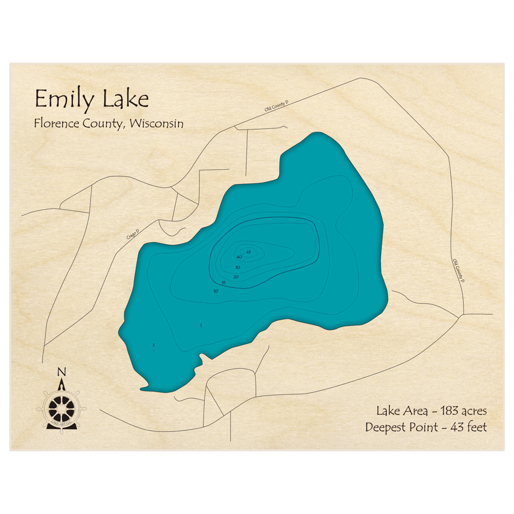 Bathymetric topo map of Emily Lake with roads, towns and depths noted in blue water