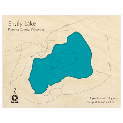 Bathymetric topo map of Emily Lake with roads, towns and depths noted in blue water
