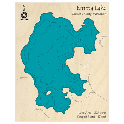 Bathymetric topo map of Emma Lake with roads, towns and depths noted in blue water