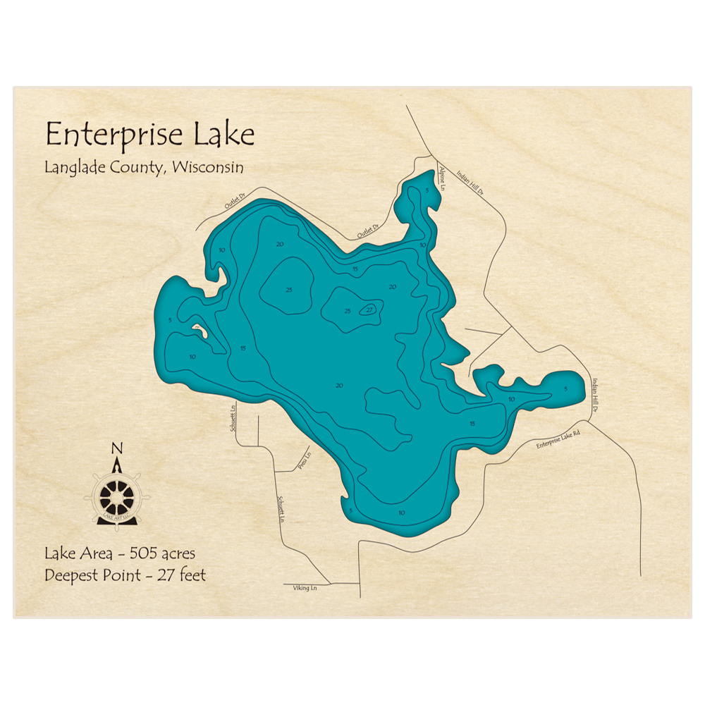 Bathymetric topo map of Enterprise Lake with roads, towns and depths noted in blue water