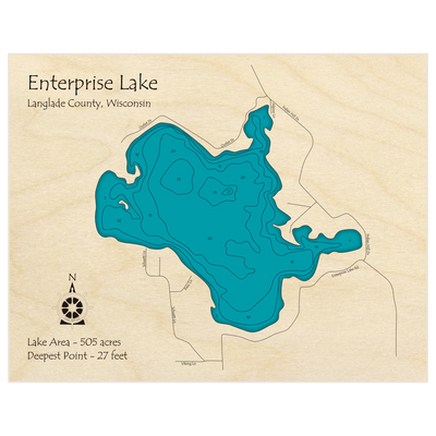 Bathymetric topo map of Enterprise Lake with roads, towns and depths noted in blue water