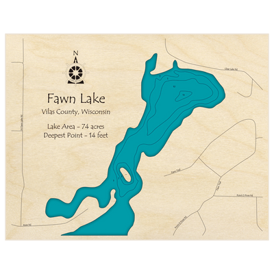 Bathymetric topo map of Fawn Lake with roads, towns and depths noted in blue water