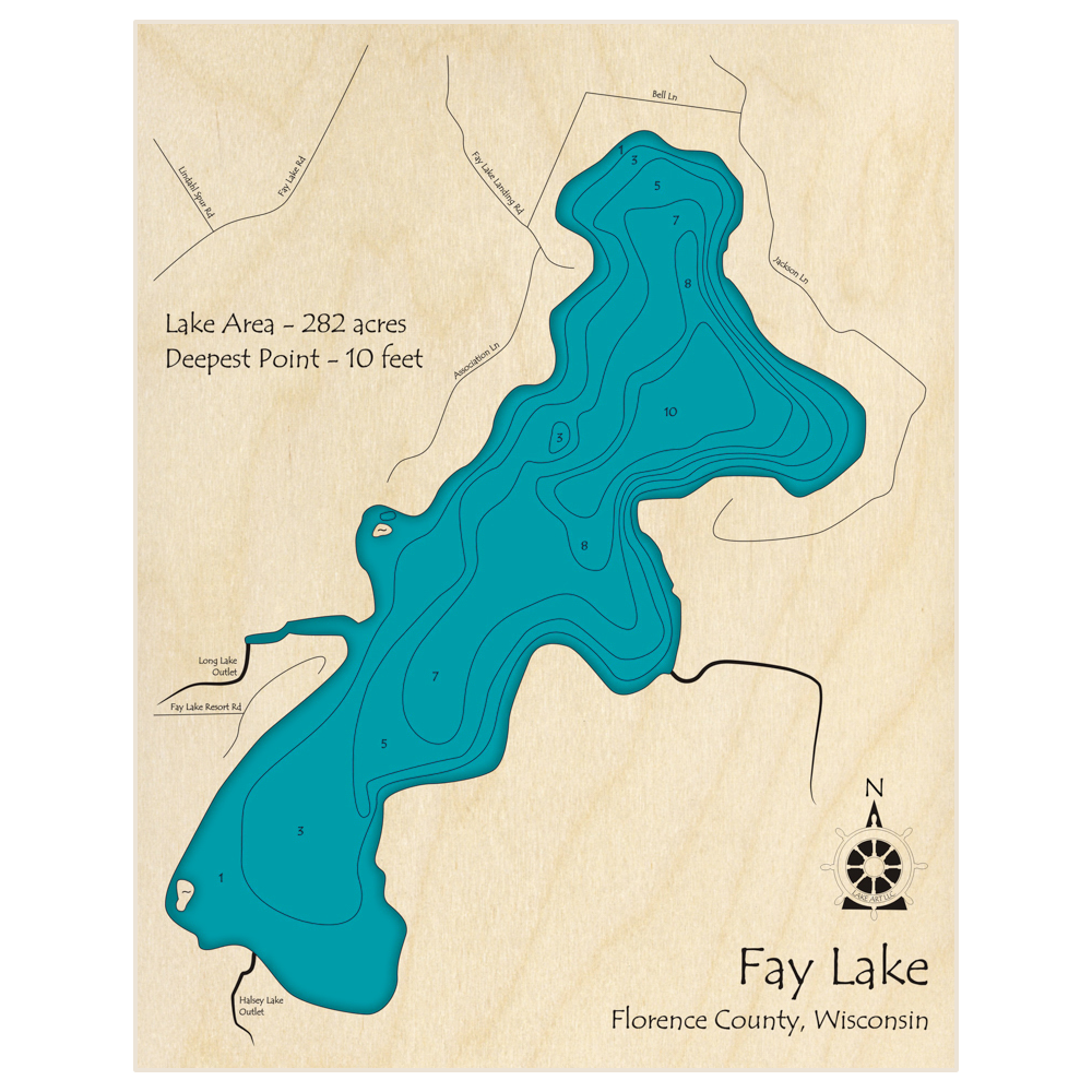 Bathymetric topo map of Fay Lake with roads, towns and depths noted in blue water