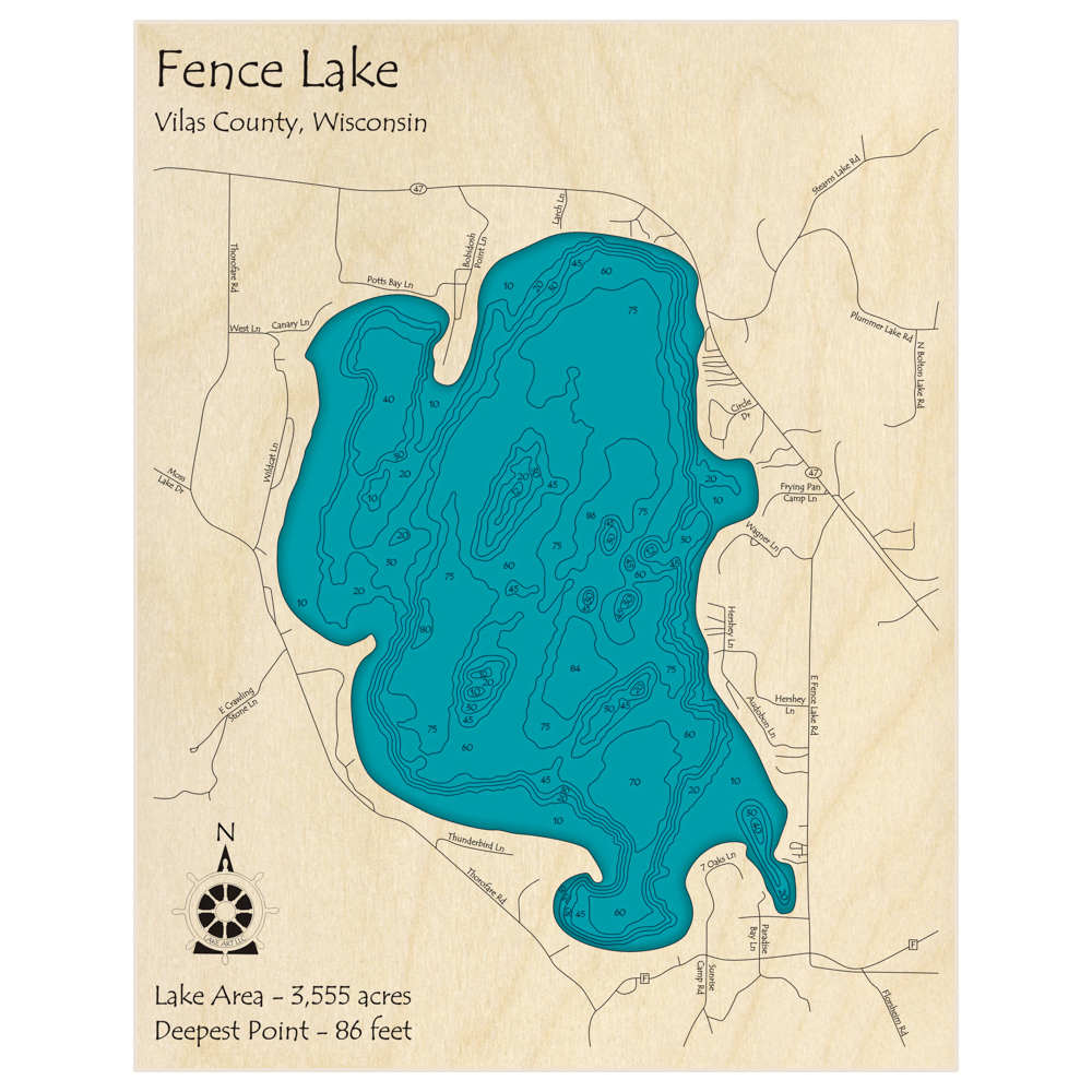 Bathymetric topo map of Fence Lake with roads, towns and depths noted in blue water